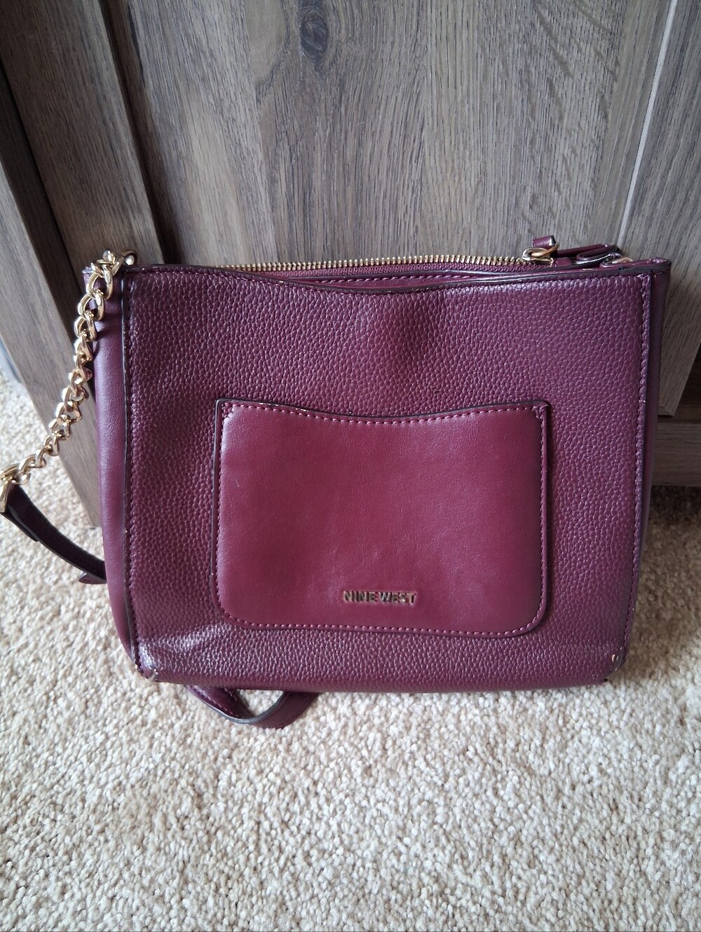 Nine West Burgundy Leather Handbag w/Gold Chain
